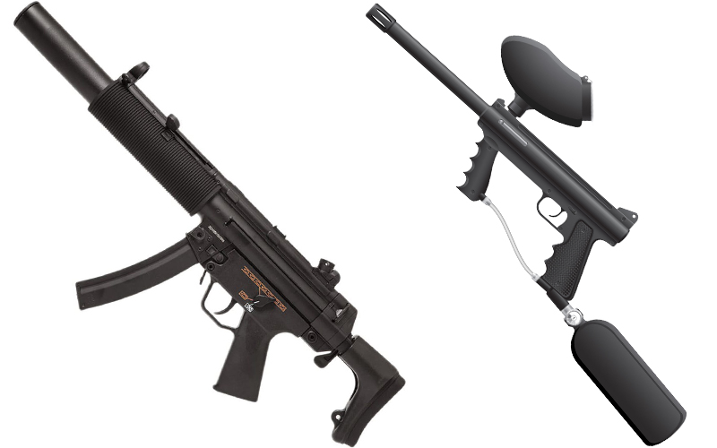 An Airsoft SMG and paintball marker side by side.