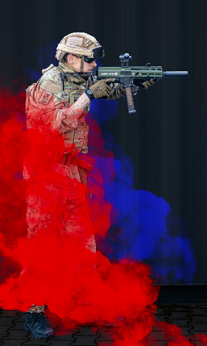 Stribog wielded by an Airsoft skirmisher in full kit