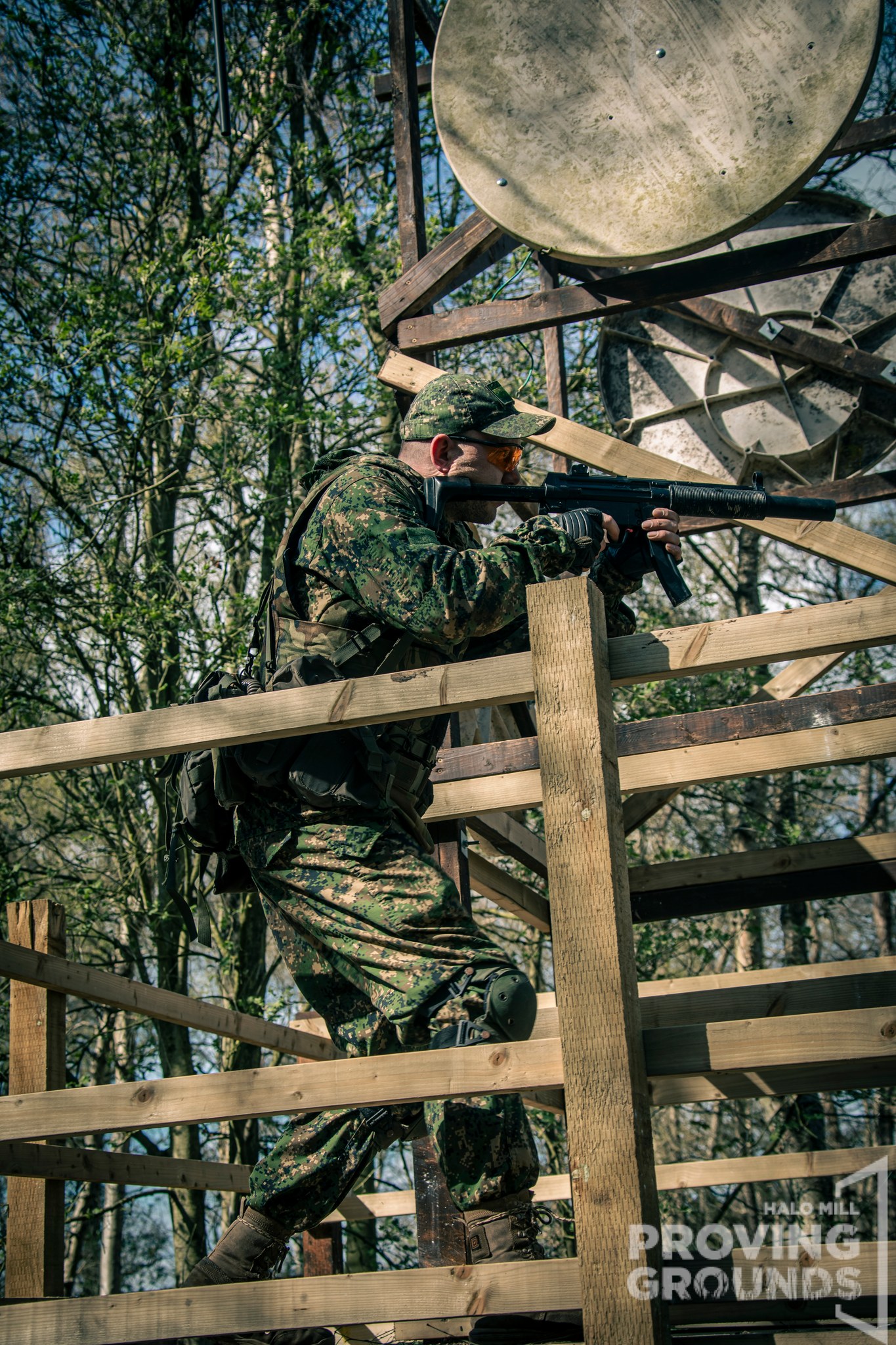 HALO MILL Proving Grounds. A player storms the comms tower in the CQB area