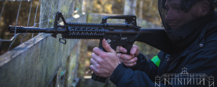 A player with an Airsoft Electric Gun at Halo Mill: Proving Grounds.